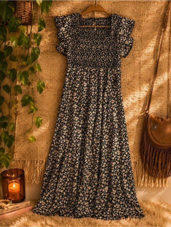 Dresses & Skirts - Floral Smocked Maxi Dress in Navy